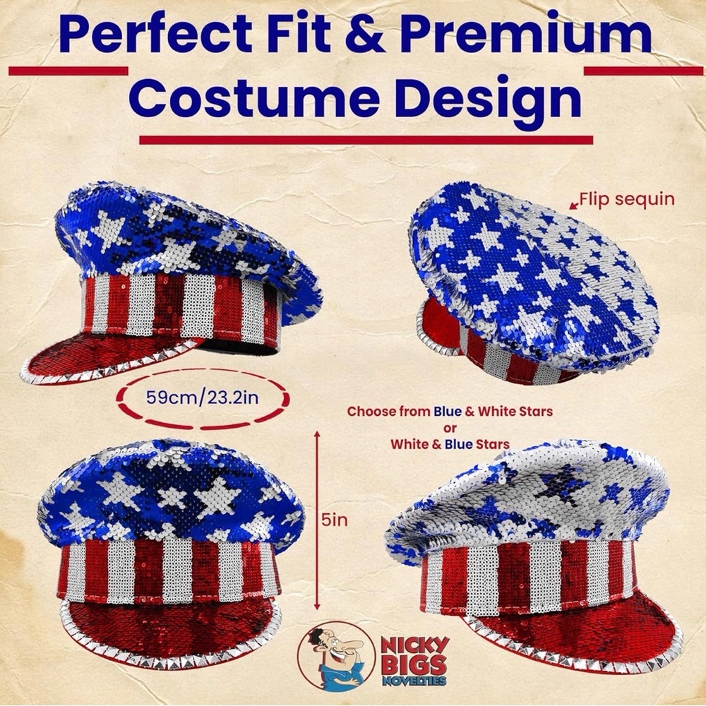 Iridescent Patriotic USA 4th of July American Flag Sequins Military Captain Hat - Picture 3 of 4